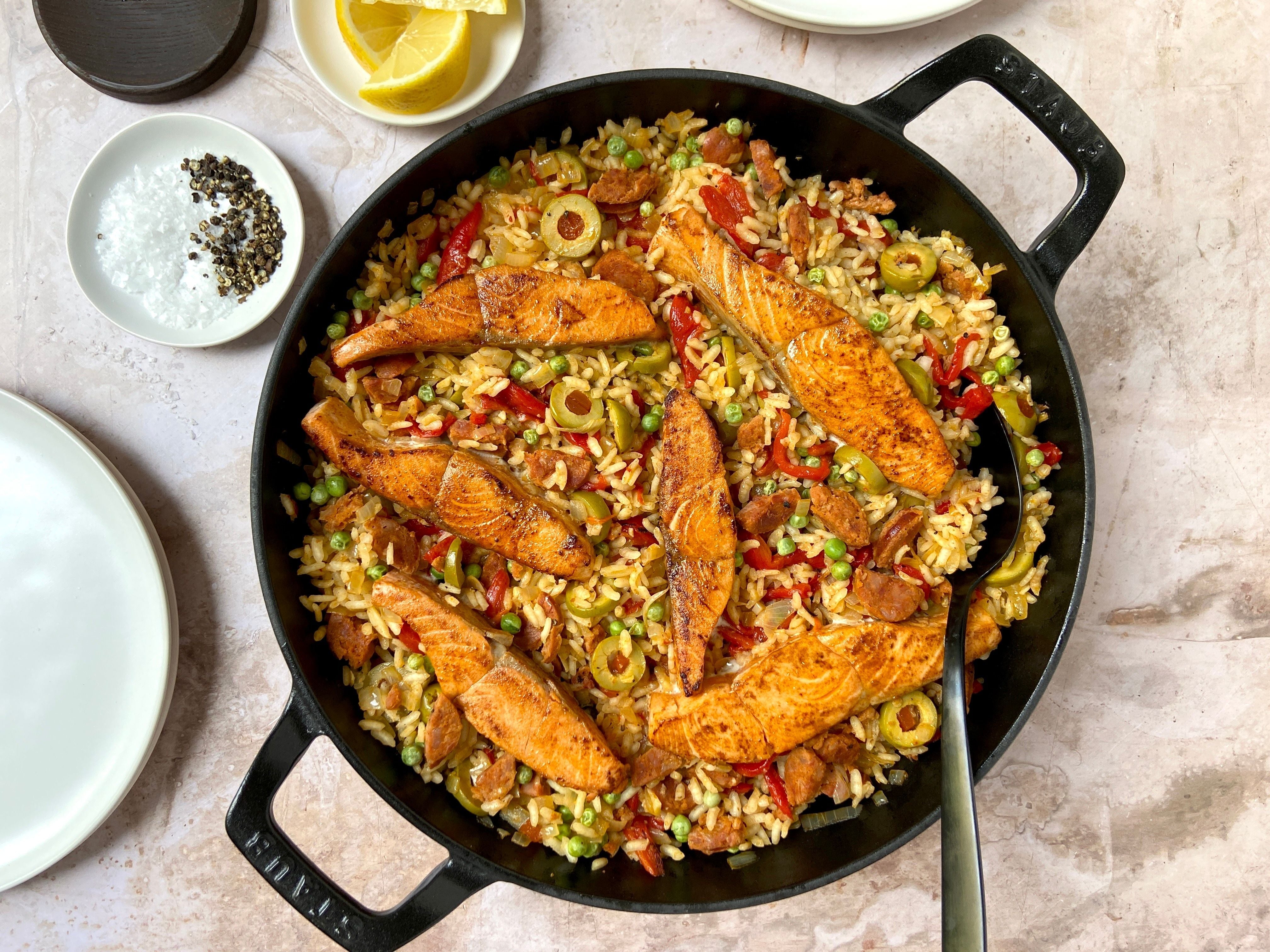 Salmon and Chorizo Paella
