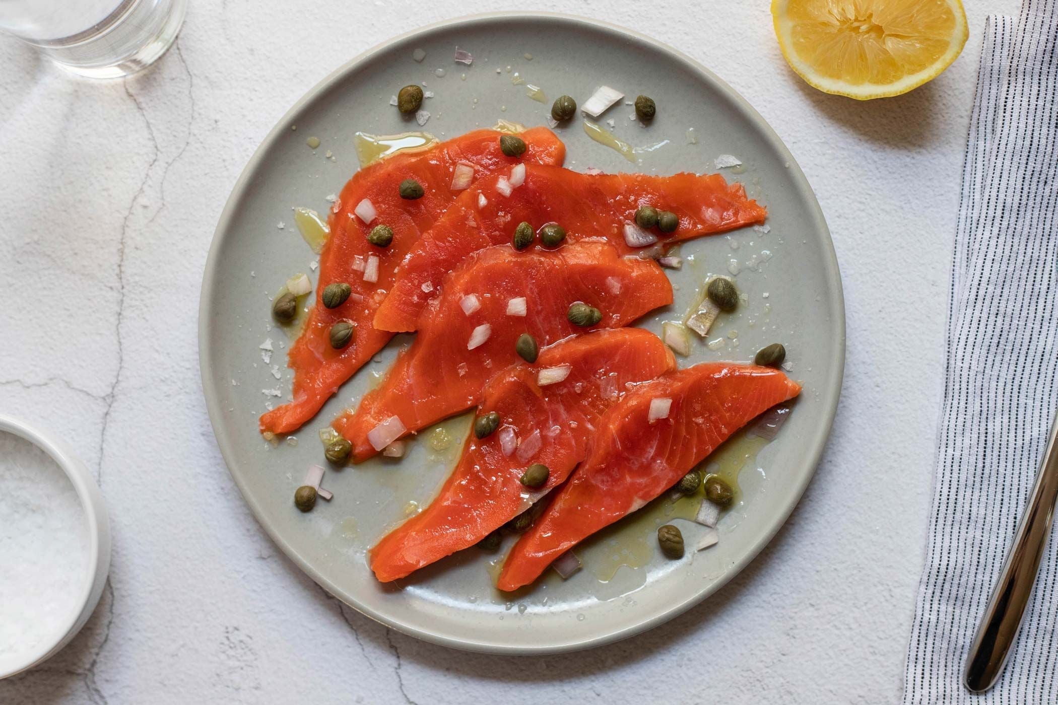 Salmon Crudo with Shallots, Lemon, and Capers
