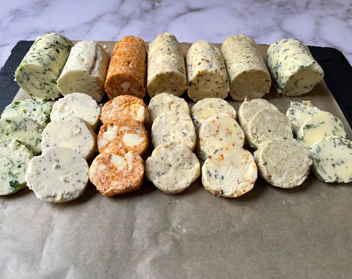 L to R:  Cilantro-Chile-Lime; Cacio & Pepe; BBQ-spiced; Miso-Furikake; Rosemary-Chile; Thai Curry-Ginger; Garlic-Herb (Master)