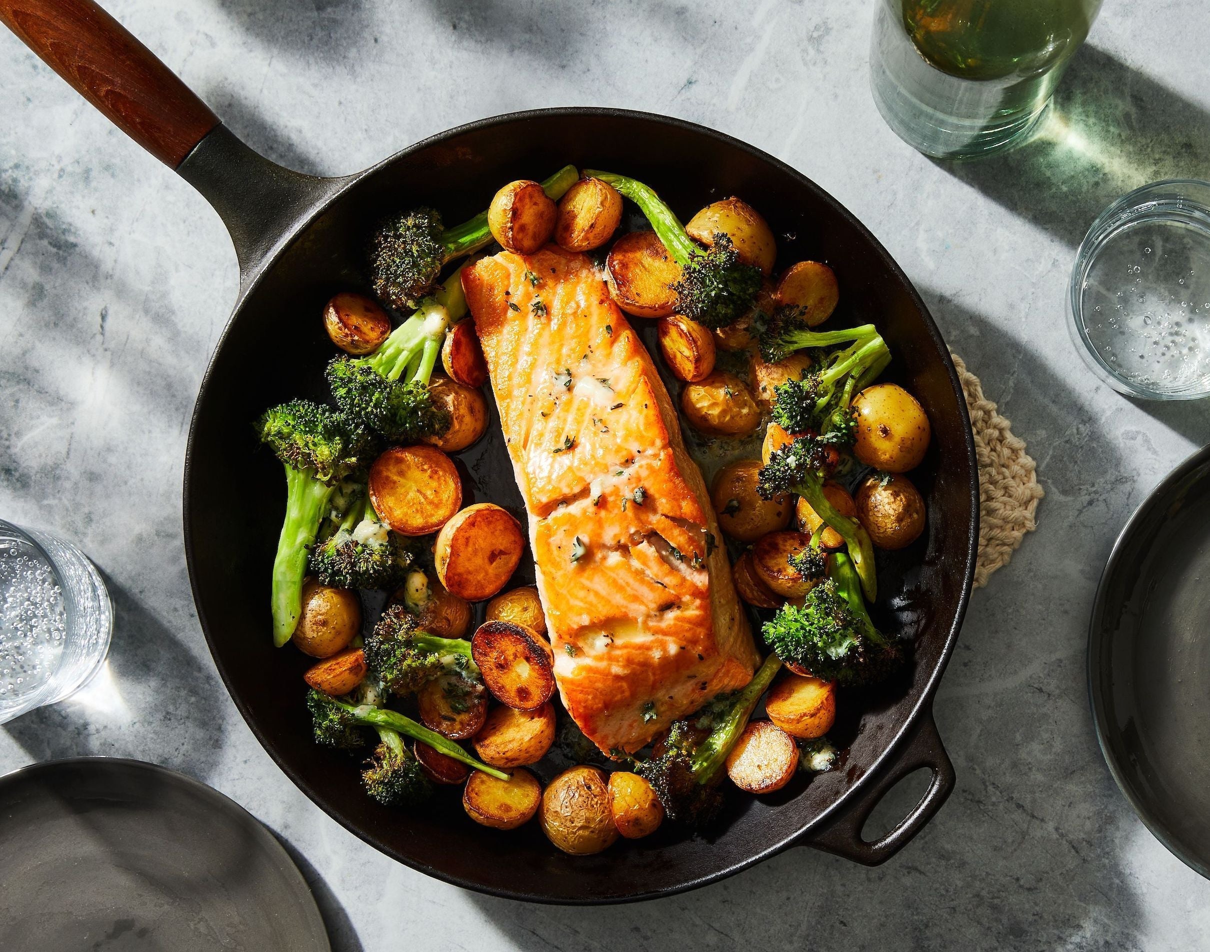 Roasted Salmon with Garlic-Butter Potatoes and Broccoli