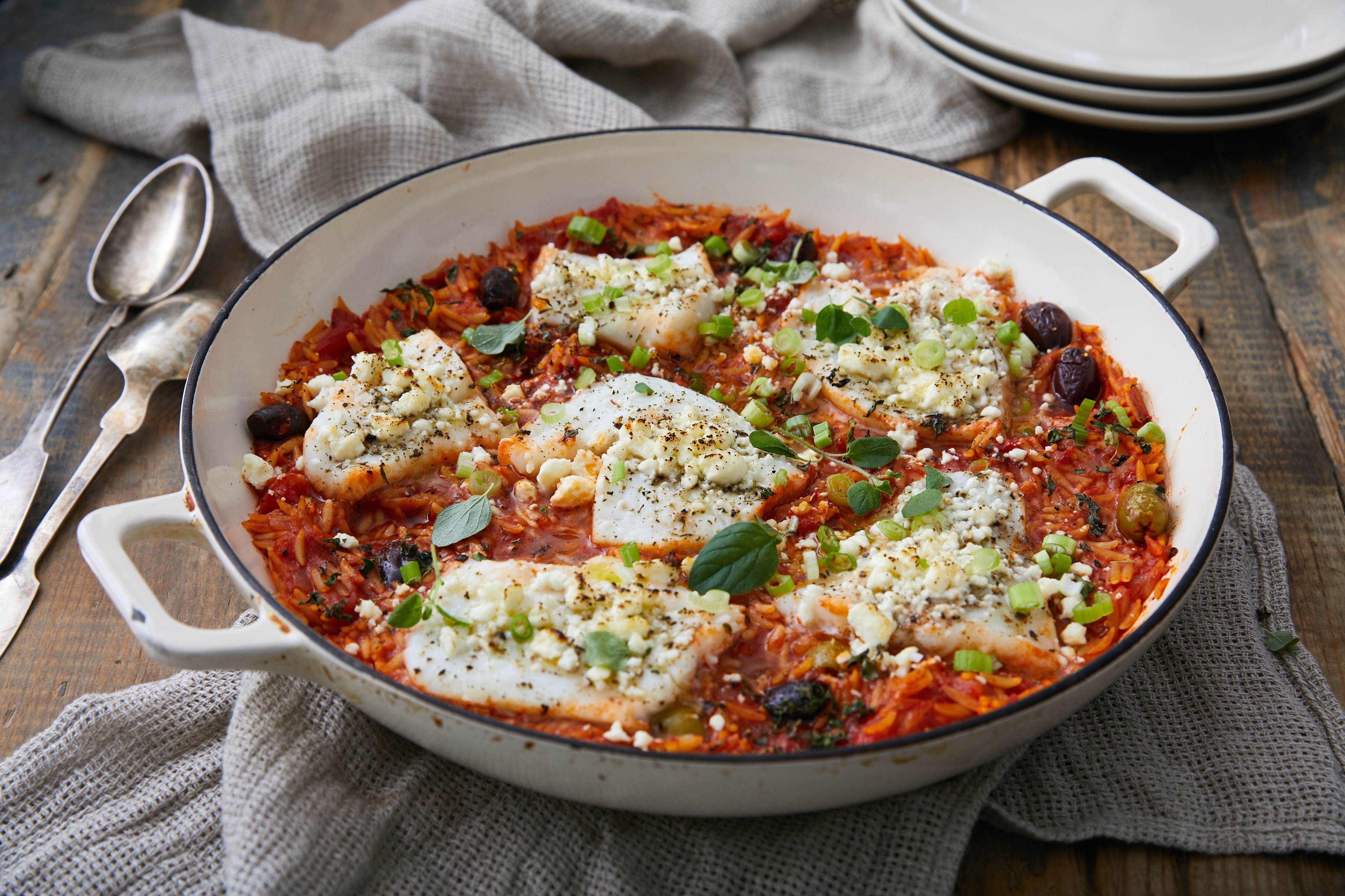One-pan Greek Cod with Orzo, Feta, and Olives