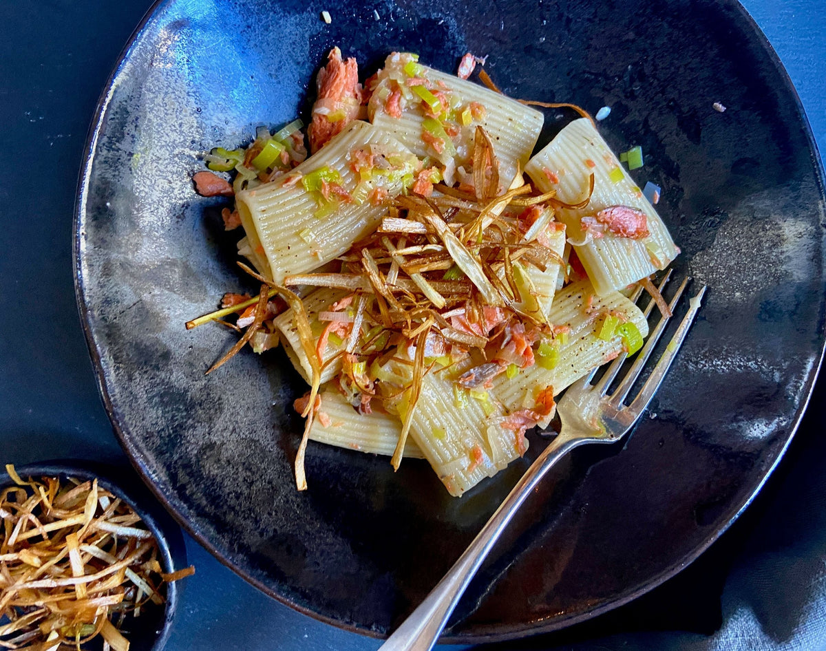 Paccheri with Smoked Salmon and Frizzled Leeks