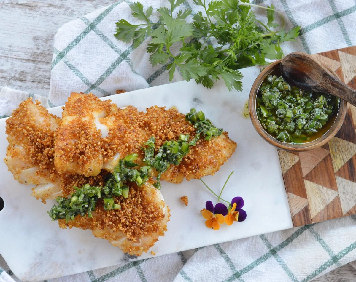 Quinoa Crusted Pacific Cod with Mojo Verde